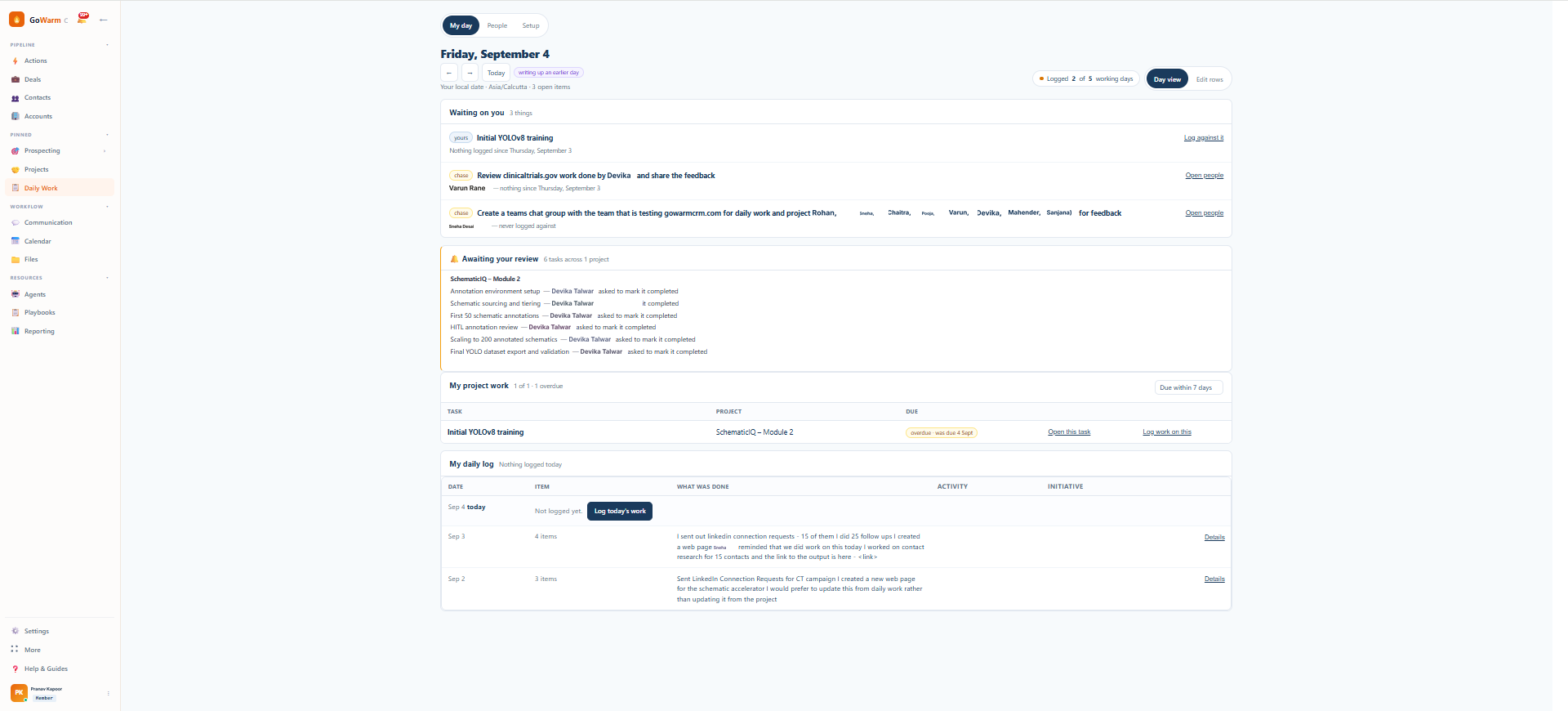 My day in GoWarm Work: a person's work items for today with a short description written against each